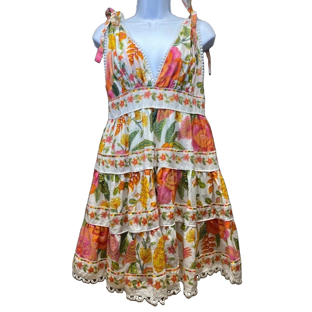 Farm Rio Macaw Bloom Tie Shoulder Mini Dress Large Ruffle Botanical Floral Zip - Picture 7 of 16